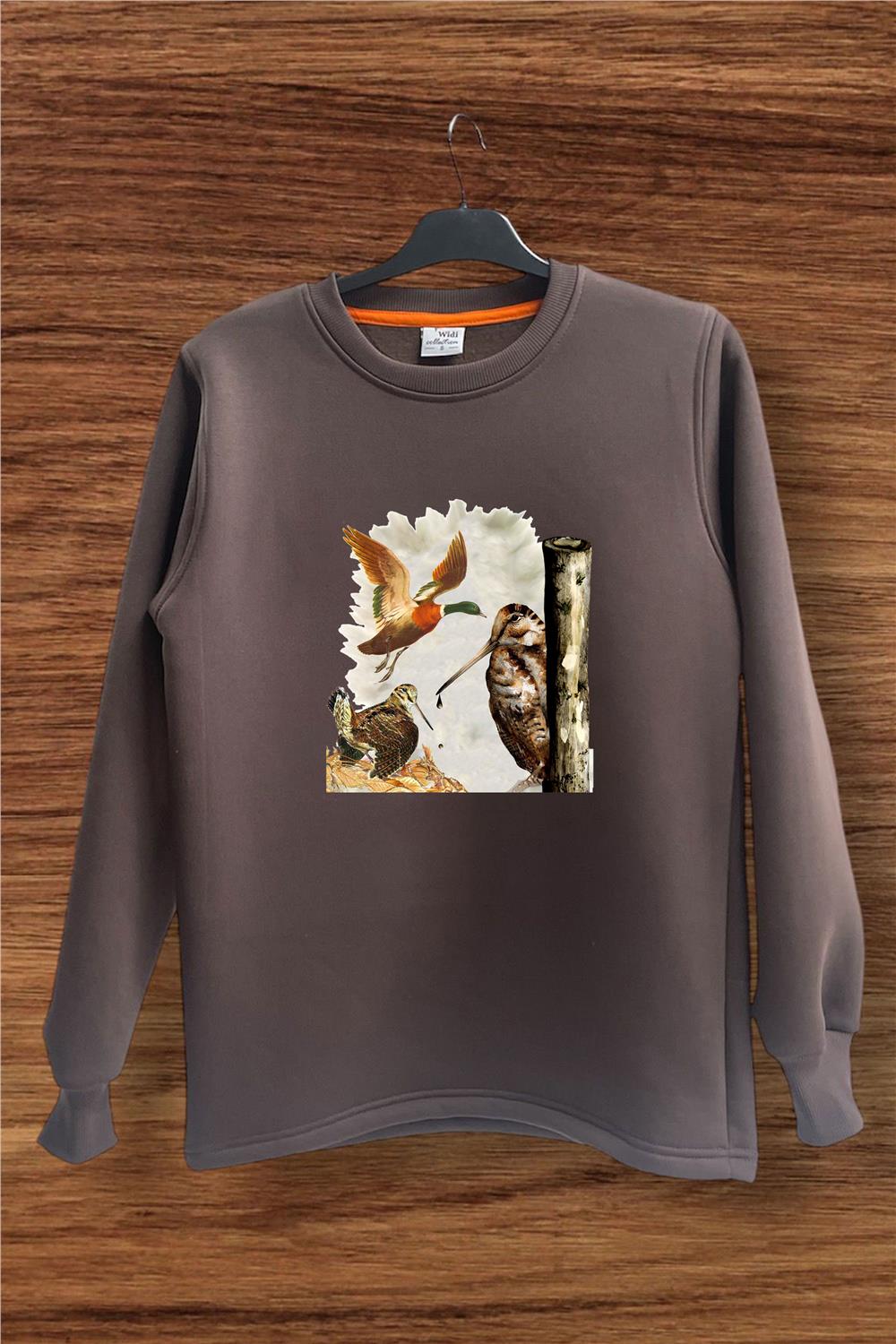 Avcılık Çulluk Kuşu Ve Setter Baskılı Regular Fit %100 Pamuk Regular Fit Bisiklet Yaka Sweatshirt - Kahverengi