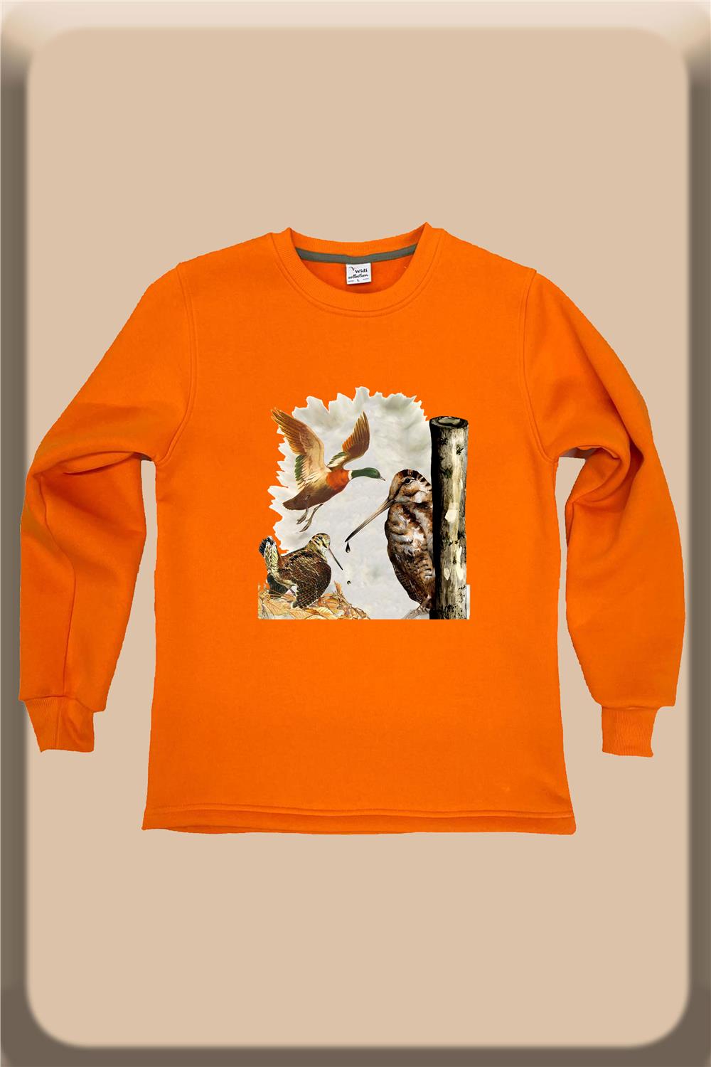 Avcılık Çulluk Kuşu Ve Setter Baskılı Regular Fit %100 Pamuk Regular Fit Bisiklet Yaka Sweatshirt - Turuncu