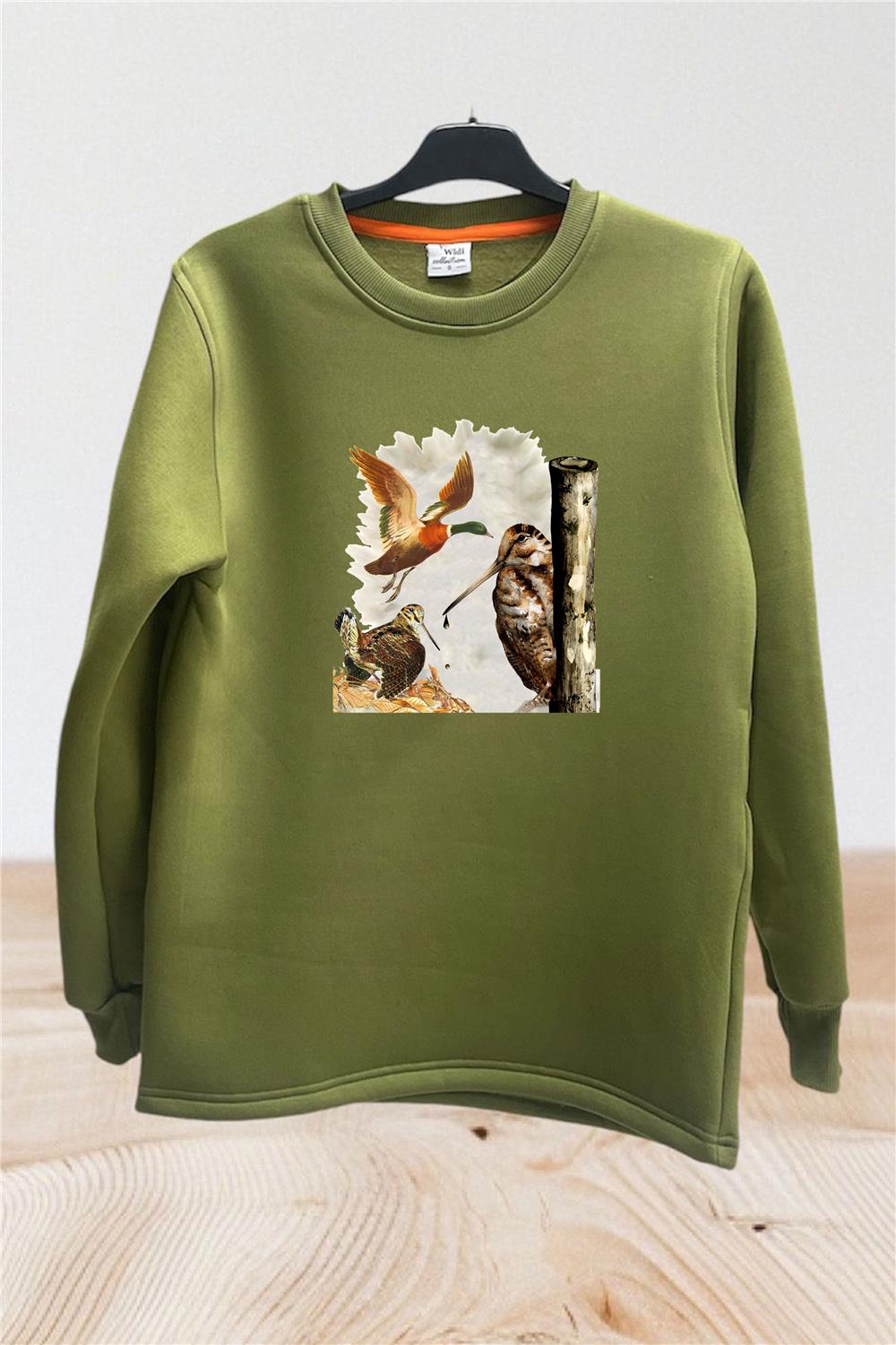 Avcılık Çulluk Kuşu Ve Setter Baskılı Regular Fit %100 Pamuk Regular Fit Bisiklet Yaka Sweatshirt - Haki