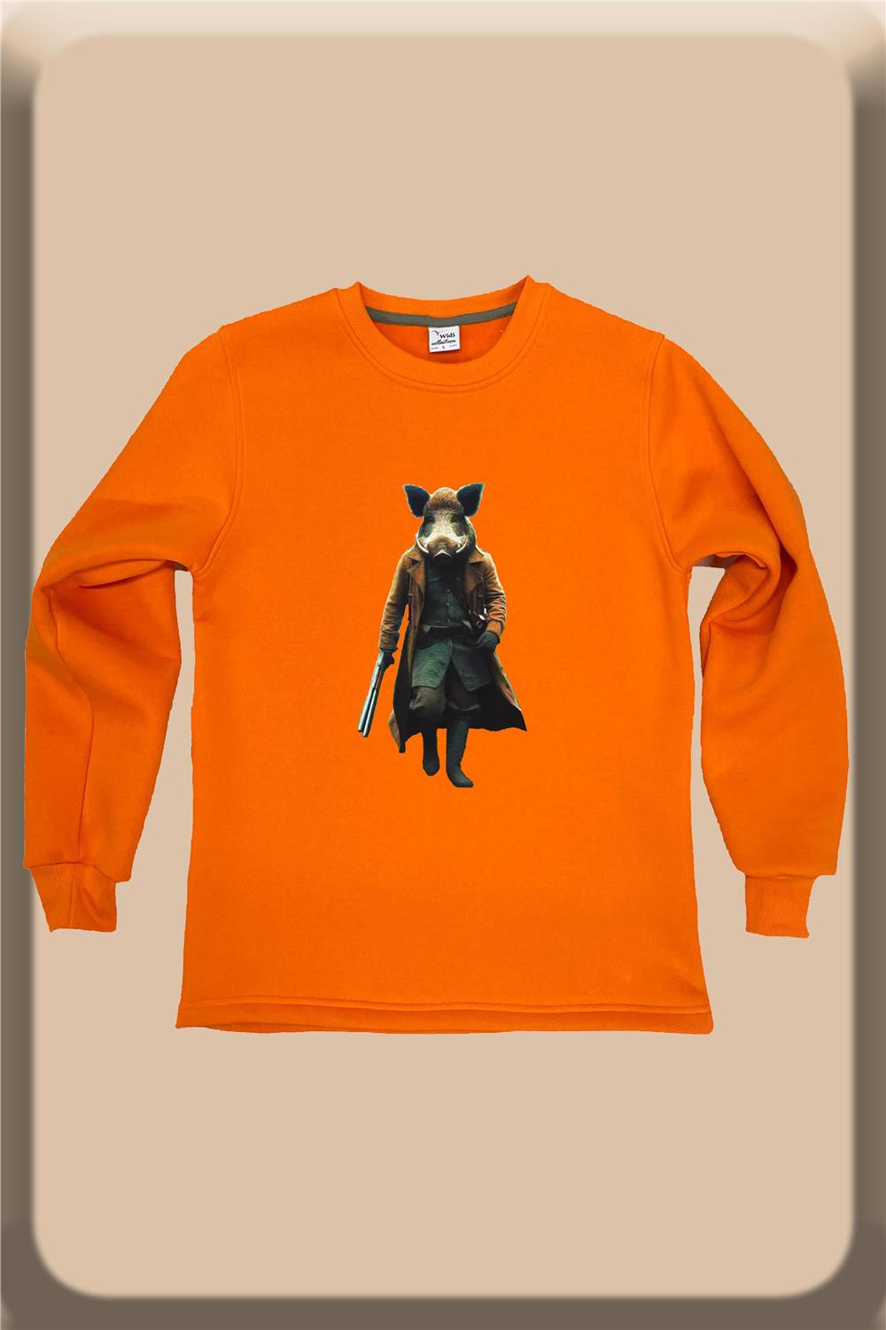 Avcılık Domuz Baskılı Regular Fit %100 Pamuk Regular Fit Bisiklet Yaka Sweatshirt - Turuncu