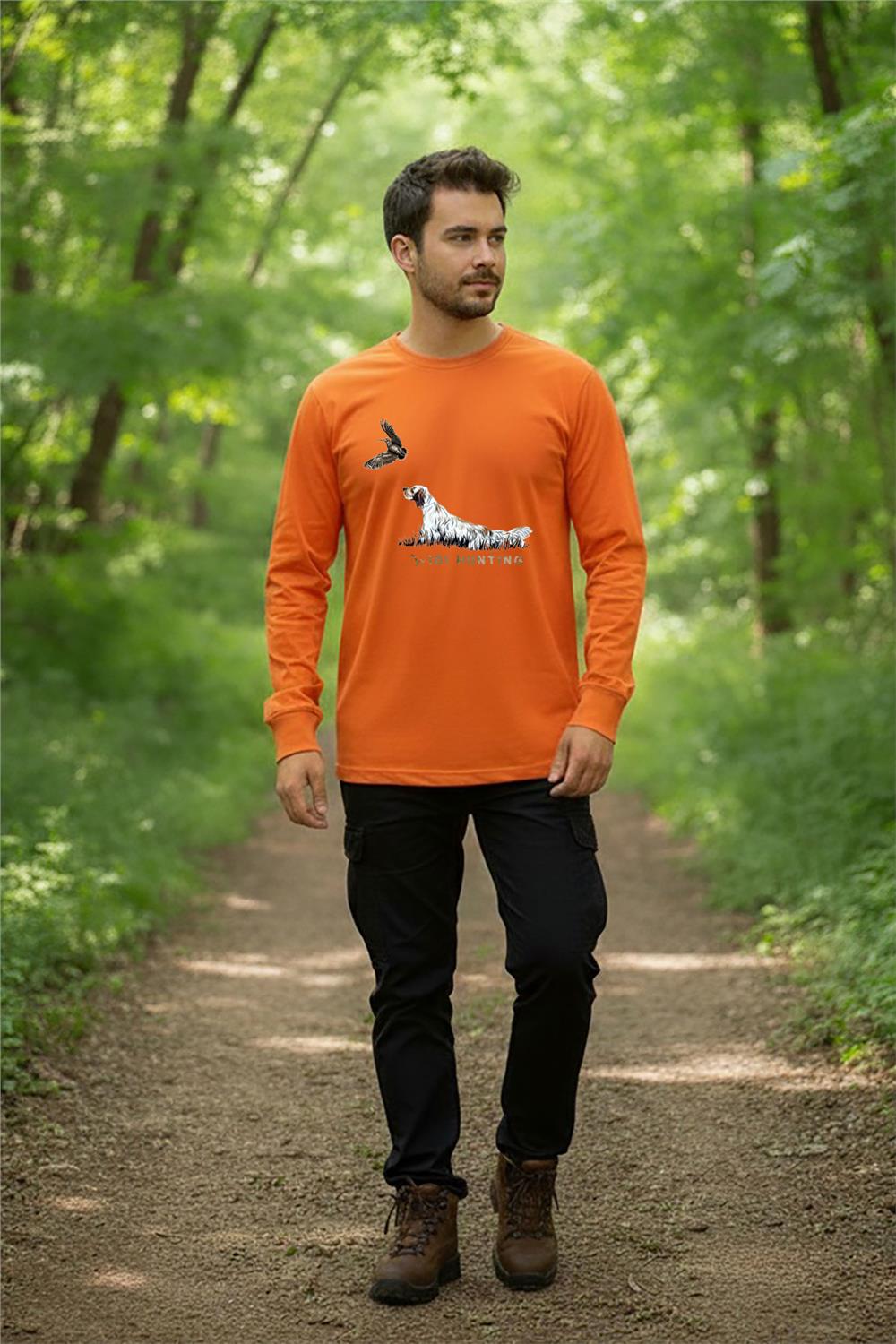 Avcılık Fermalı English Setter Baskılı %100 Pamuk Turuncu Bisiklet Yaka Uzun Kollu T-Shirt - Turuncu