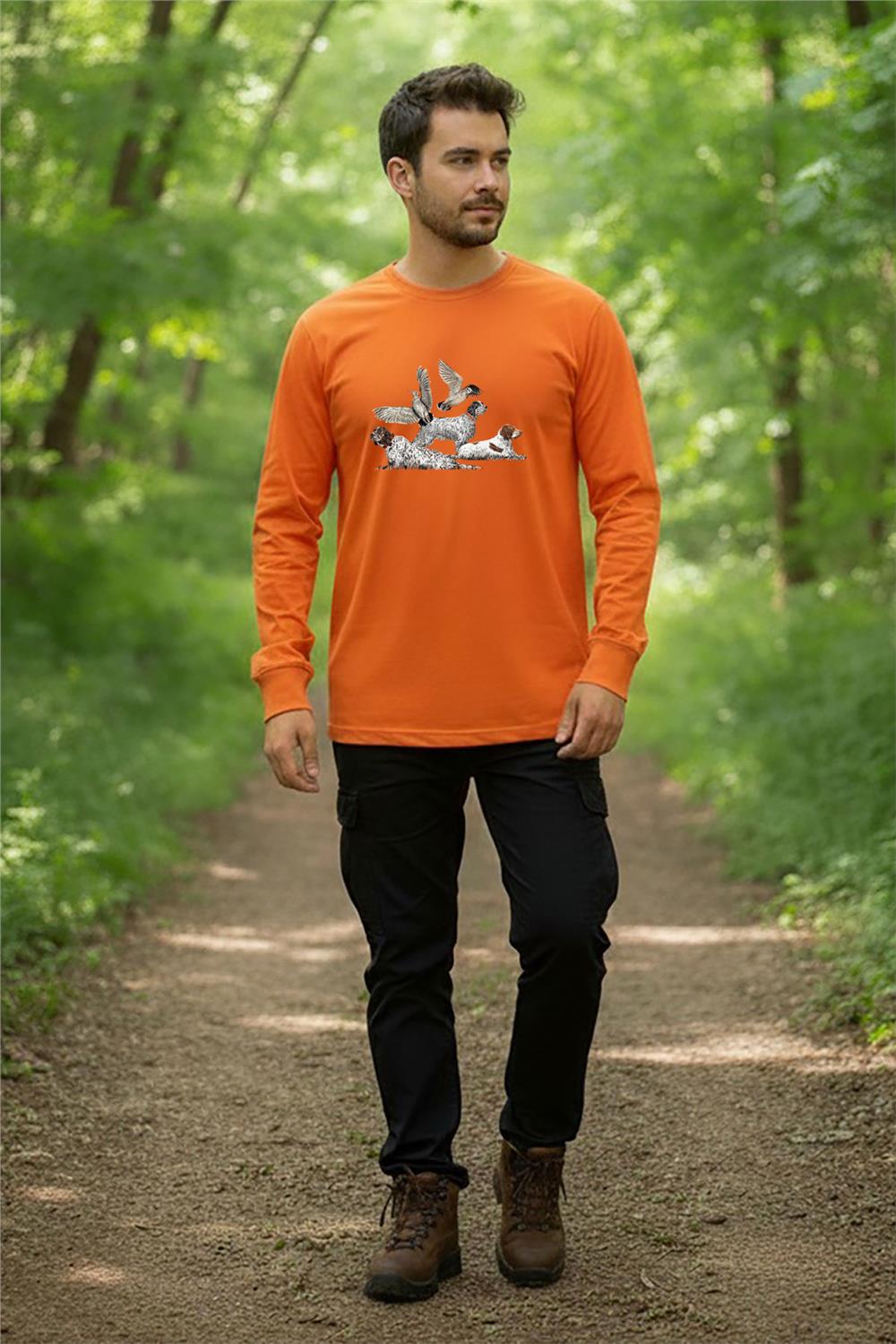 Avcılık Fermalı English Setter Çulluk Baskılı Regular Fit Turuncu Bisiklet Yaka Uzun Kollu T-Shirt - Turuncu