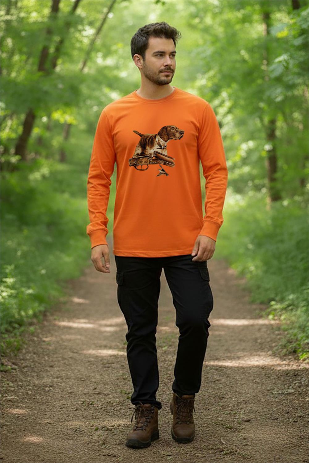 Avcılık Fişek Labrador Retriever Setter Pointer Baskılı Turuncu Bisiklet Yaka Uzun Kollu T-Shirt - Turuncu