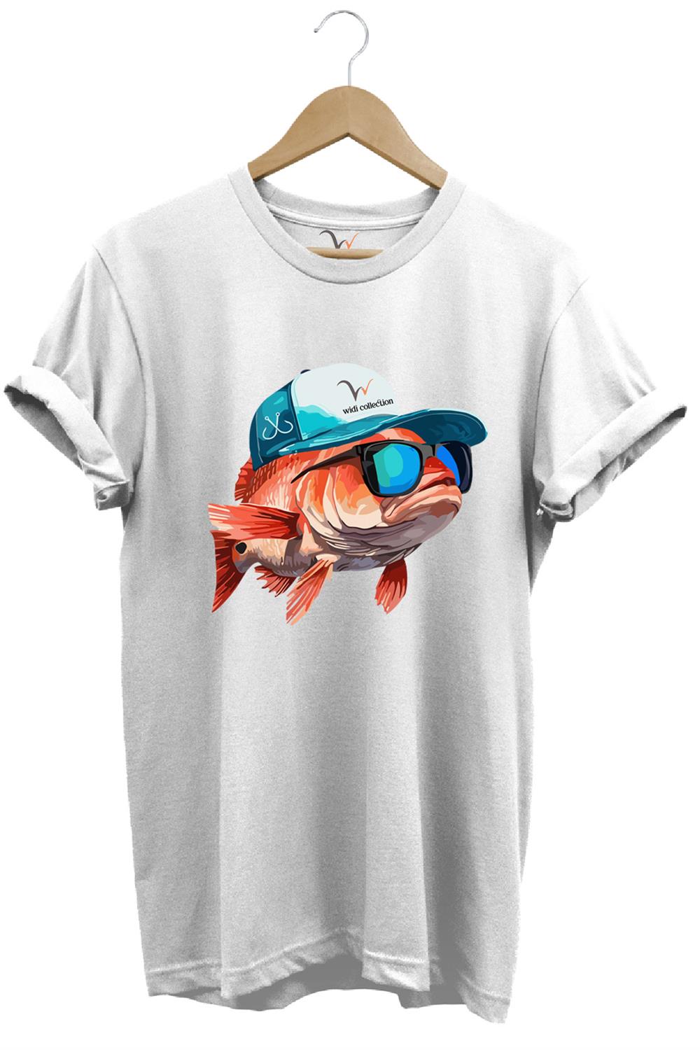 Avcılık Fishing Balık Avcılığı Şapkalı Komik Balık Tasarımı Baskılı Regular Fit %100 Pamuk Tişört - Beyaz