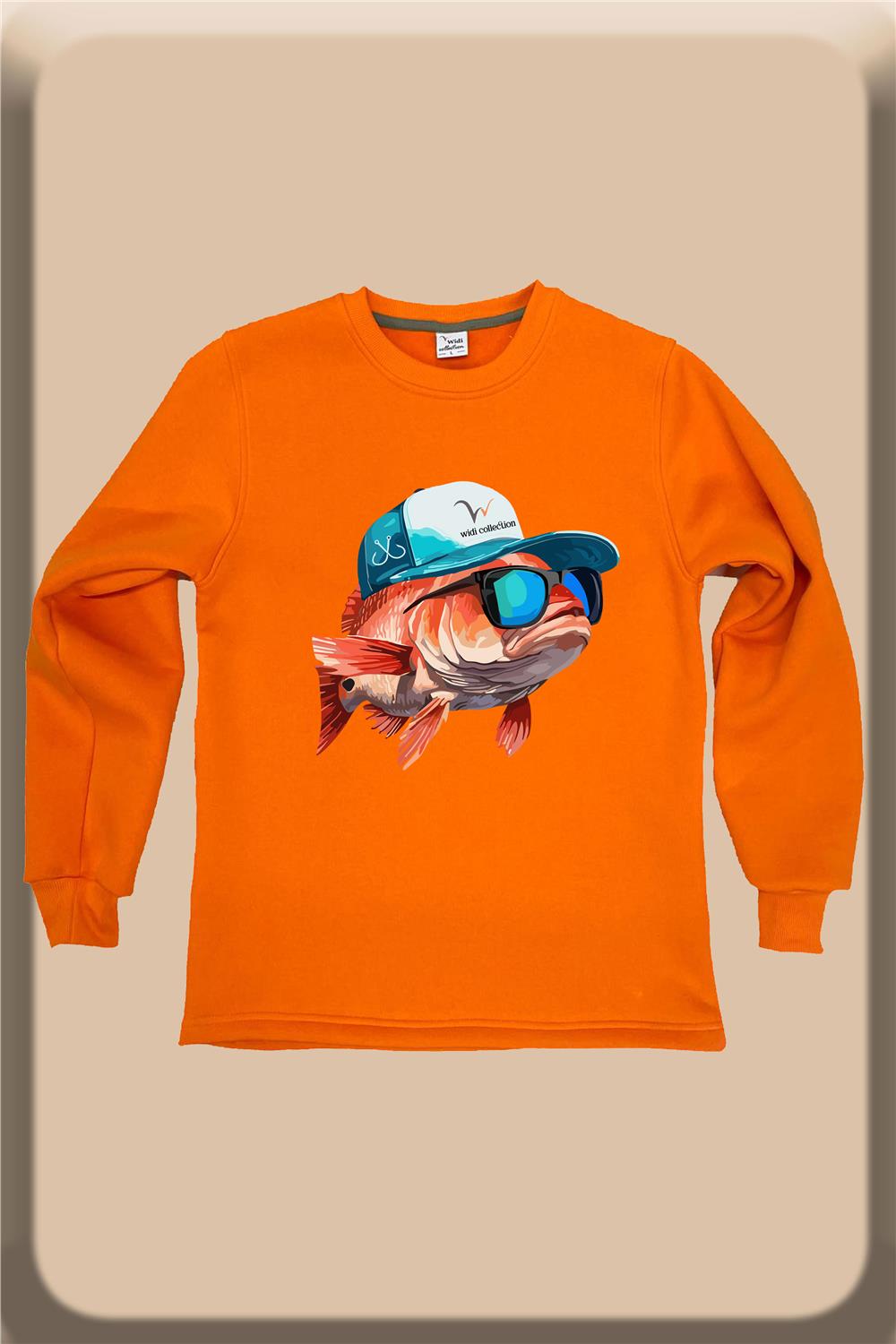 Avcılık Fishing Balıkçılık Şapkalı Balık Baskılı Regular Fit %100 Pamuk Bisiklet Yaka Sweatshirt - Turuncu