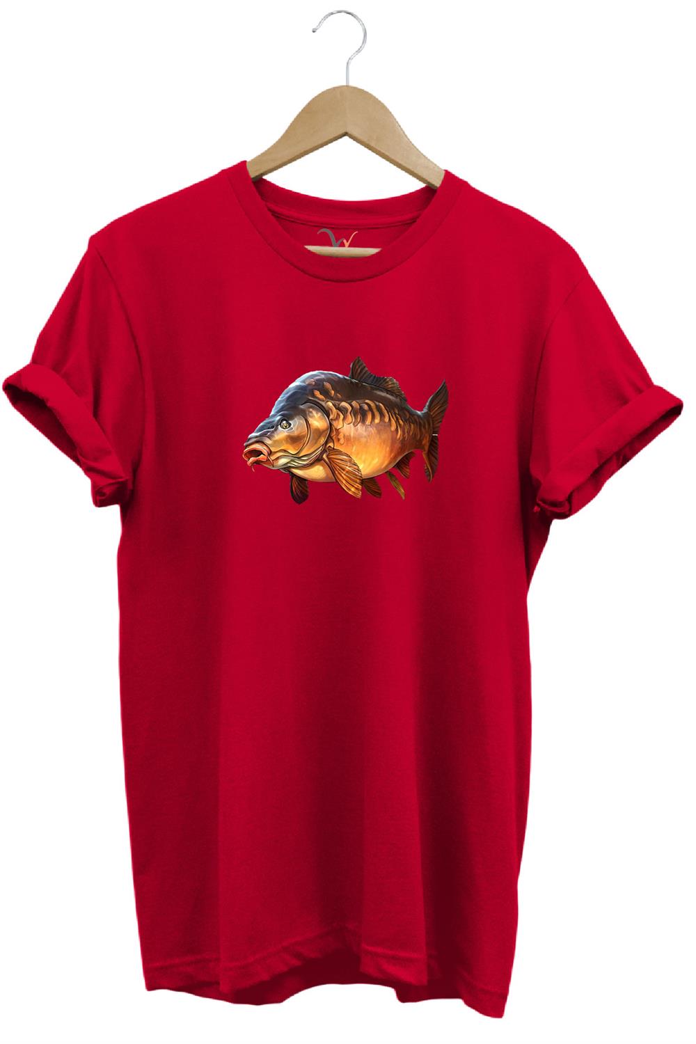 Avcılık Fishing Deniz Göl Sazan Balığı Baskılı Renkli %100 Pamuk Regular Fit Bisiklet Yaka T-Shirt - Kırmızı