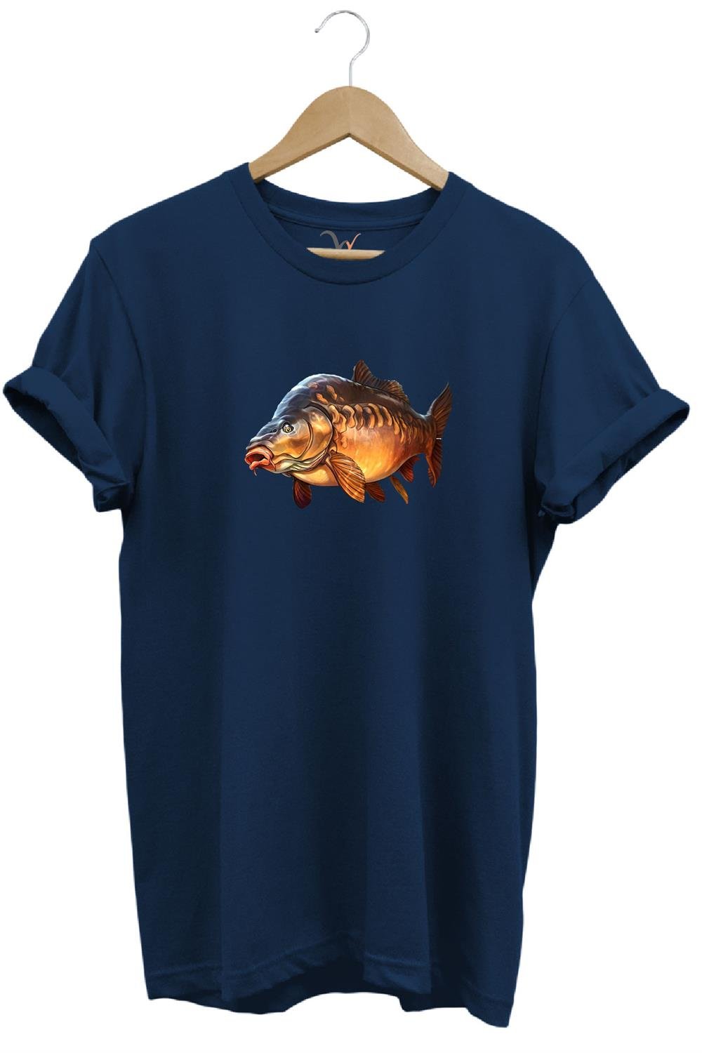 Avcılık Fishing Deniz Göl Sazan Balığı Baskılı Renkli %100 Pamuk Regular Fit Bisiklet Yaka T-Shirt - Lacivert