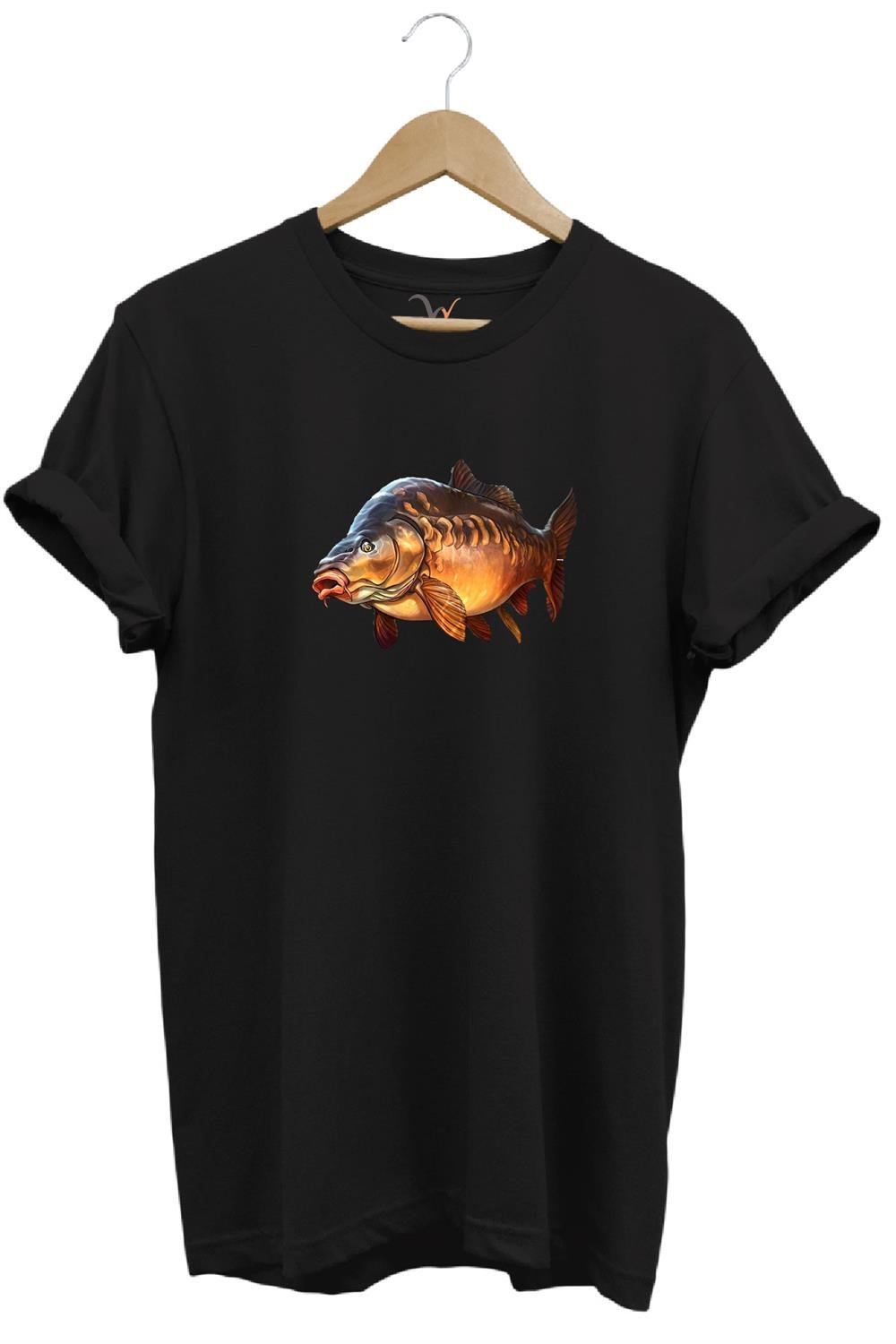 Avcılık Fishing Deniz Göl Sazan Balığı Baskılı Renkli %100 Pamuk Regular Fit Bisiklet Yaka T-Shirt - Siyah