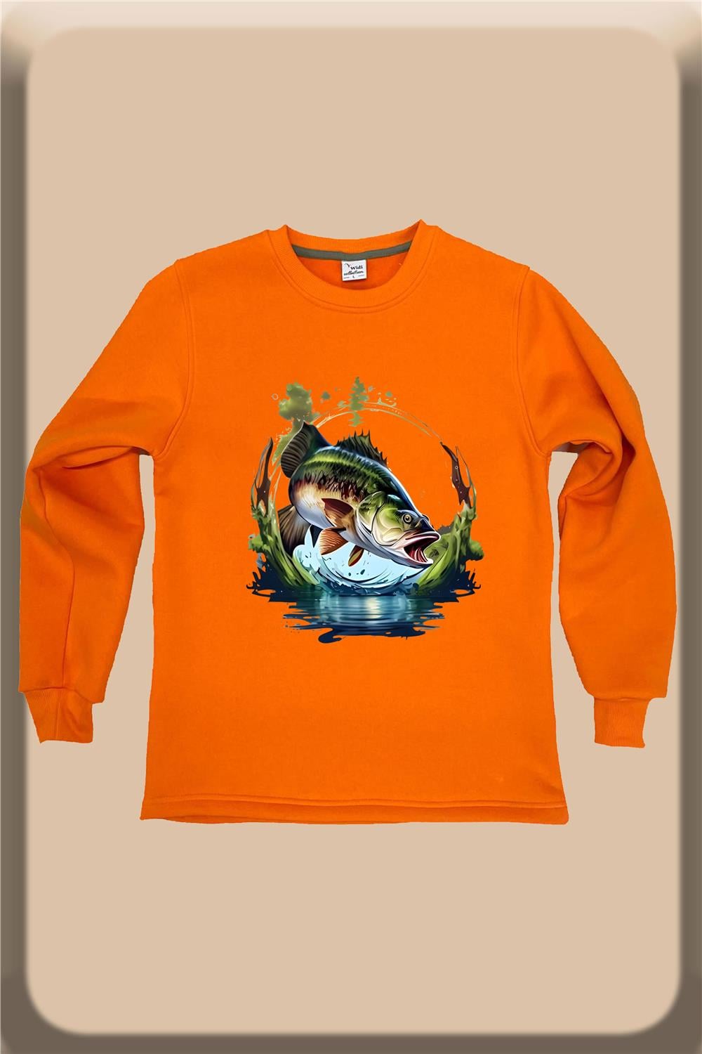 Avcılık Fishing Levrek Balıkçılığı Baskılı Regular Fit %100 Pamuk Bisiklet Yaka Sweatshirt - Turuncu