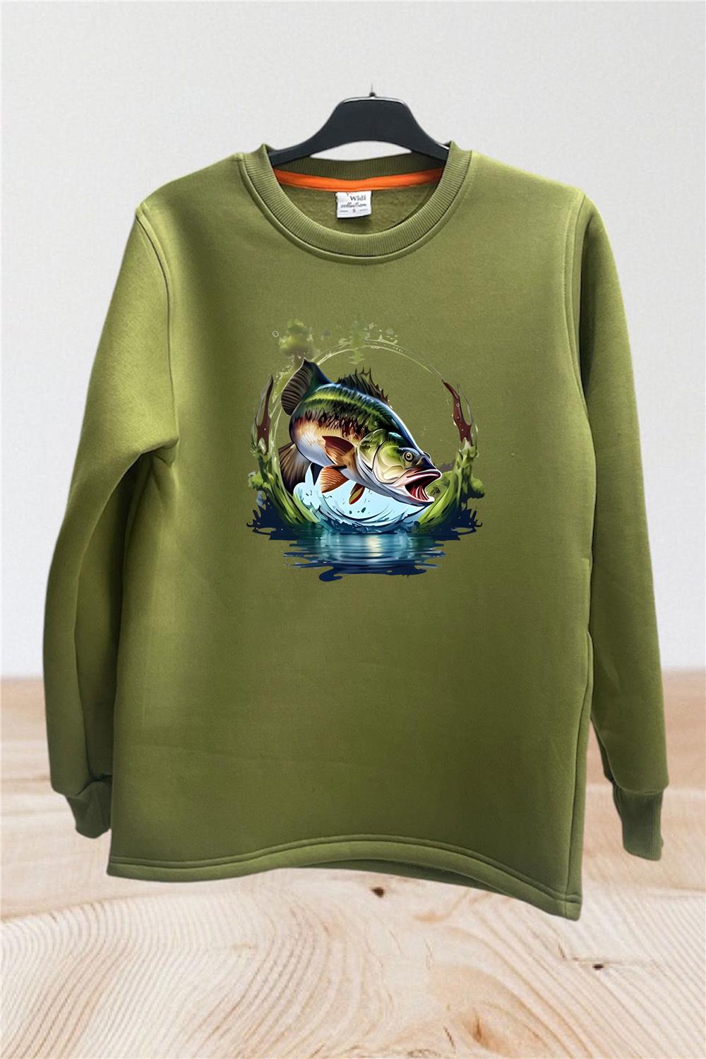 Avcılık Fishing Levrek Balıkçılığı Baskılı Regular Fit %100 Pamuk Bisiklet Yaka Sweatshirt - Haki