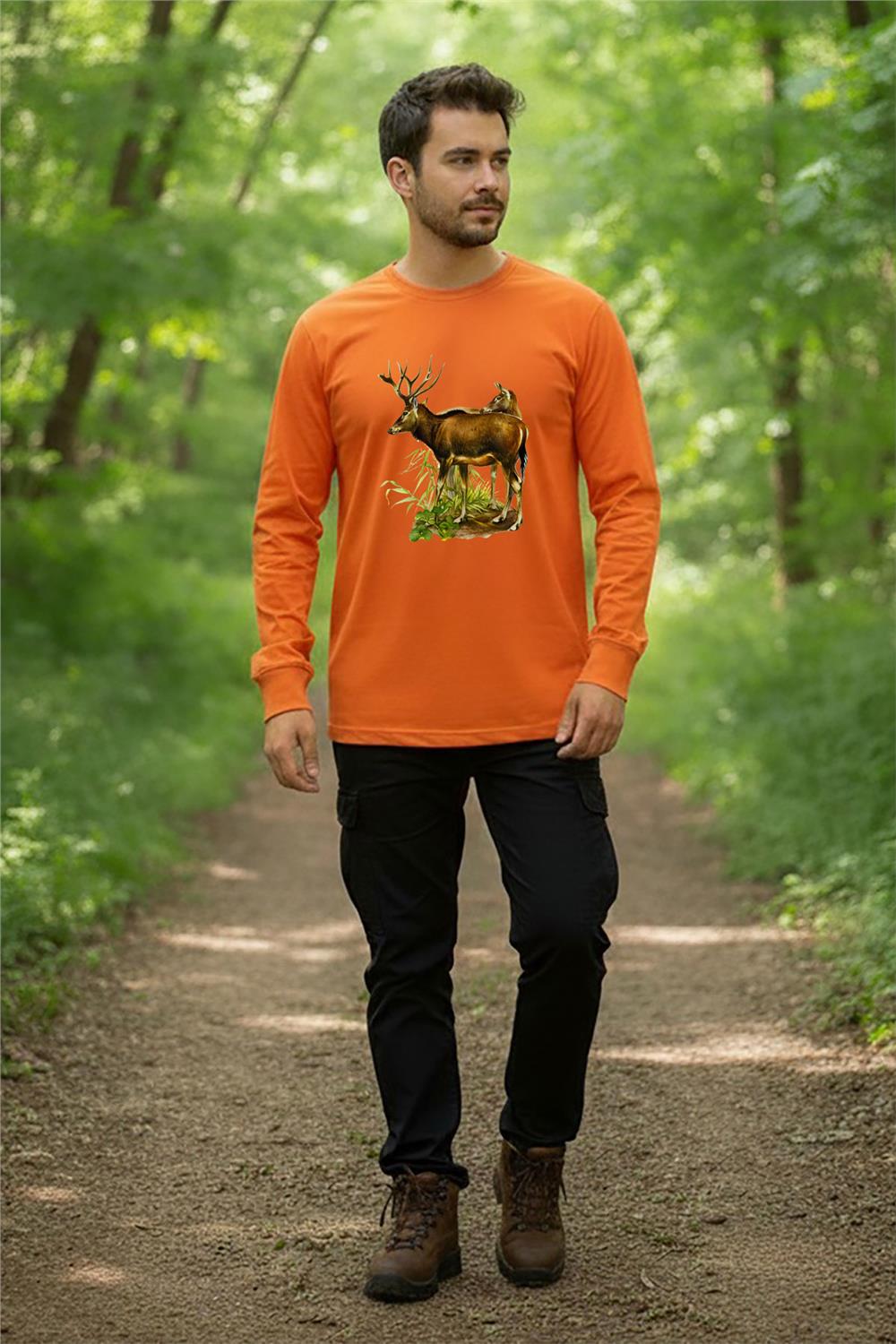 Avcılık Geyik Avcılığı Ve Doğa Orman Baskılı Regular Fit Turuncu Bisiklet Yaka Uzun Kollu T-Shirt - Turuncu