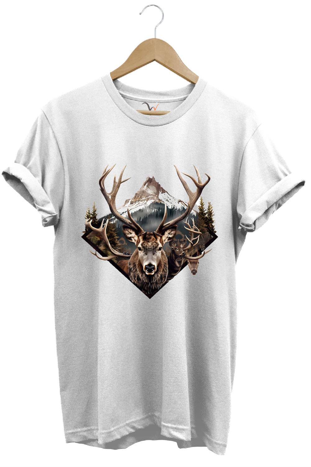 Avcılık Geyik Avı Dağ Doğa Baskılı Minimal Regular Fit %100 Pamuk T-Shirt - Beyaz