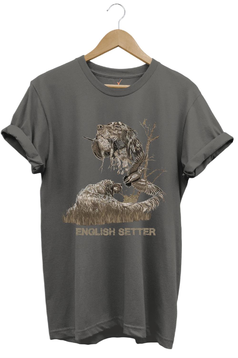 Avcılık Hunter Ağaçlı English Setter Çulluk Yazı Baskılı %100 Pamuk Regular Fit T-Shirt - Antrasit