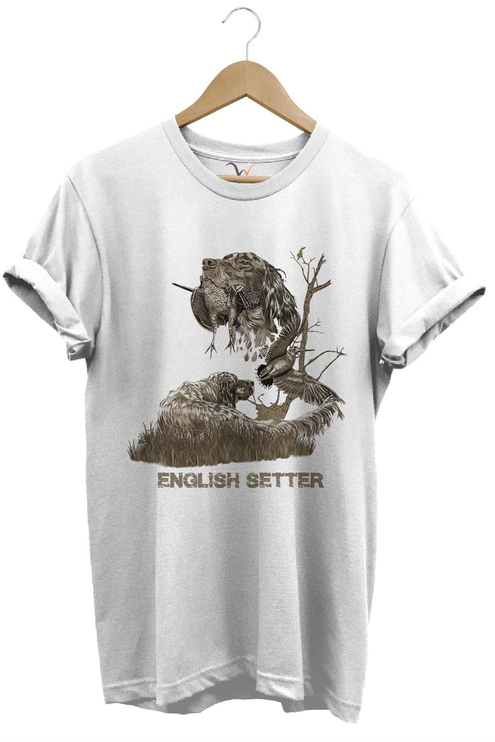 Avcılık Hunter Ağaçlı English Setter Çulluk Yazı Baskılı %100 Pamuk Regular Fit T-Shirt - Beyaz