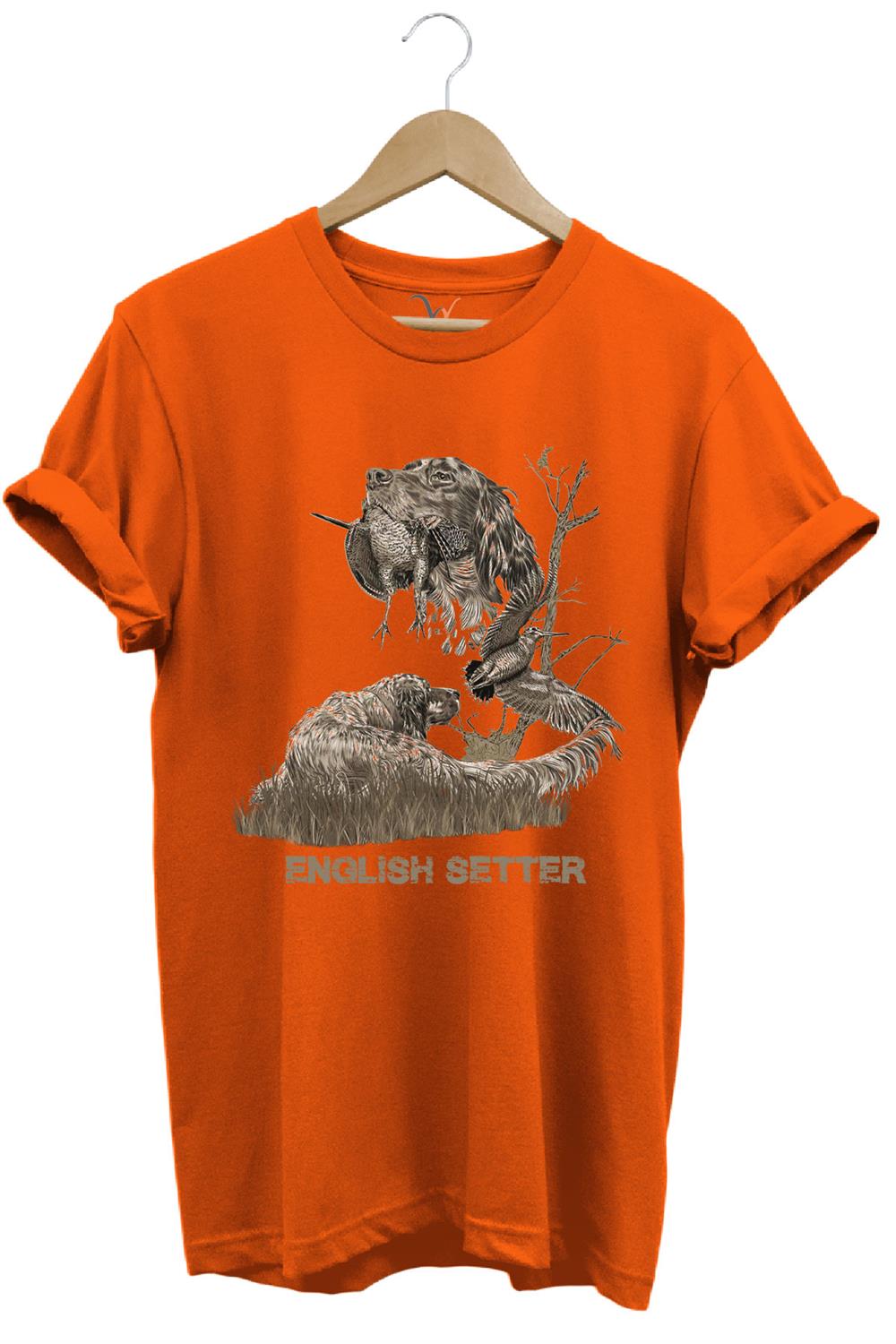 Avcılık Hunter Ağaçlı English Setter Çulluk Yazı Baskılı %100 Pamuk Regular Fit T-Shirt - Turuncu