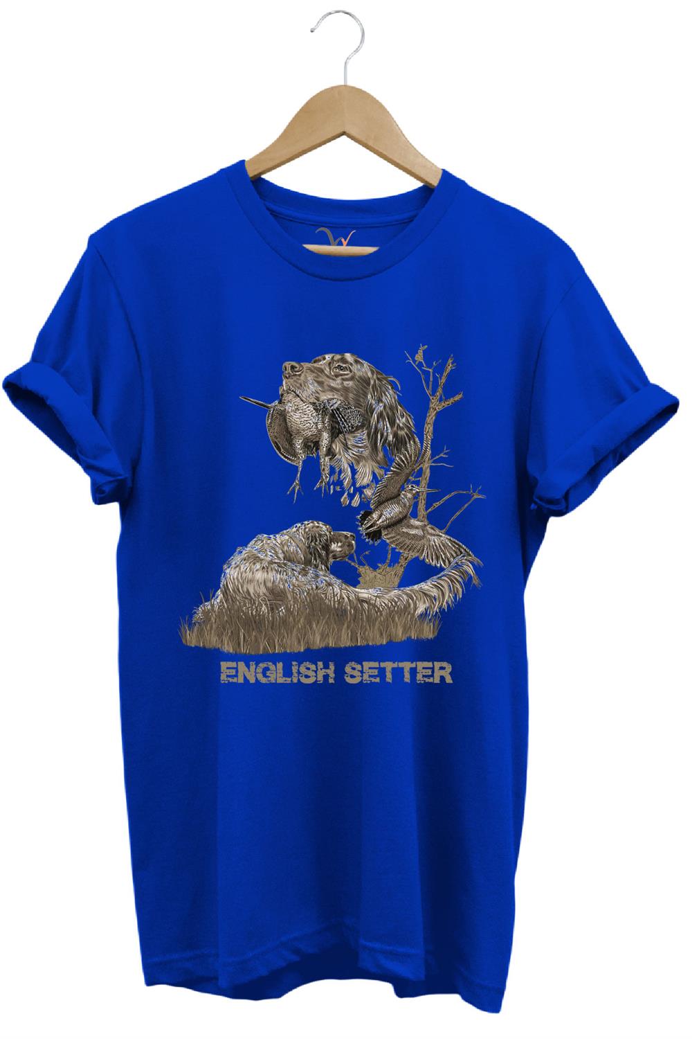 Avcılık Hunter Ağaçlı English Setter Çulluk Yazı Baskılı %100 Pamuk Regular Fit T-Shirt - Mavi
