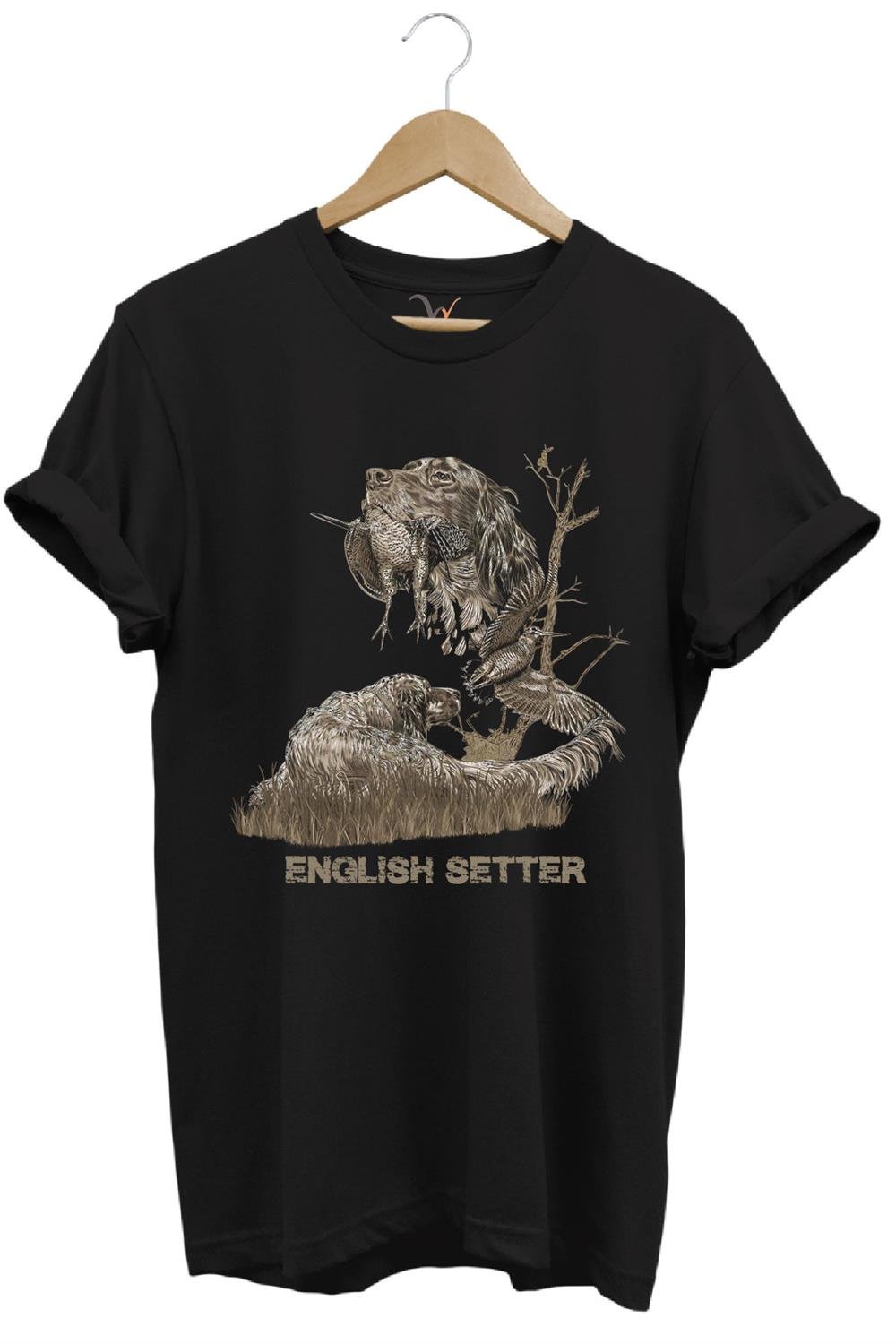 Avcılık Hunter Ağaçlı English Setter Çulluk Yazı Baskılı %100 Pamuk Regular Fit T-Shirt - Siyah