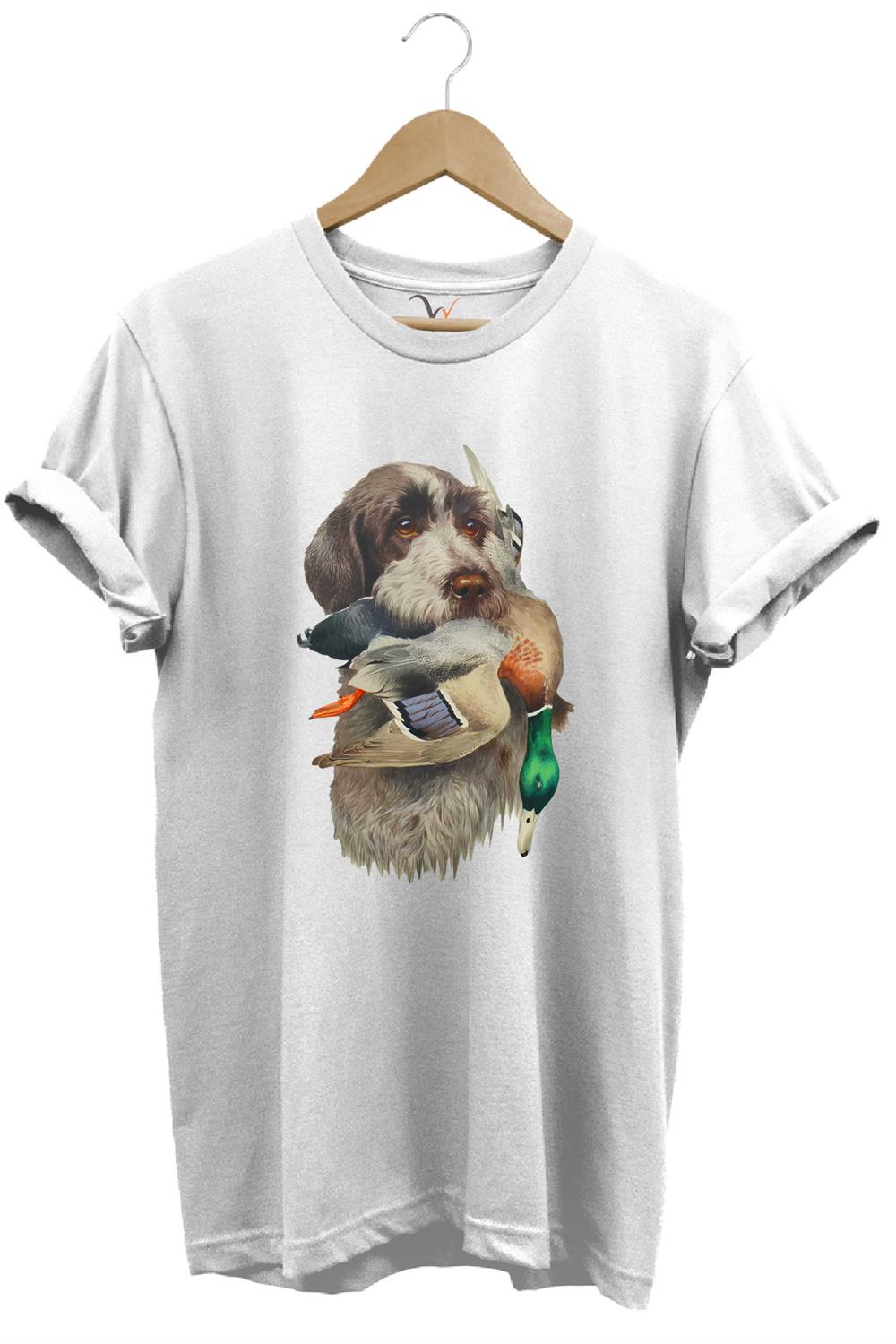 Avcılık Hunter Av Köpeği Ağzında Çulluk Kuşu Baskılı Çulluk Avı Regular Fit %100 Pamuk T-Shirt - Beyaz