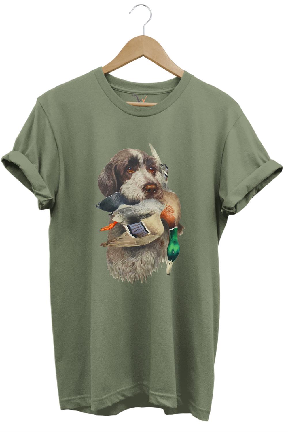Avcılık Hunter Av Köpeği Ağzında Çulluk Kuşu Baskılı Çulluk Avı Regular Fit %100 Pamuk T-Shirt - Haki