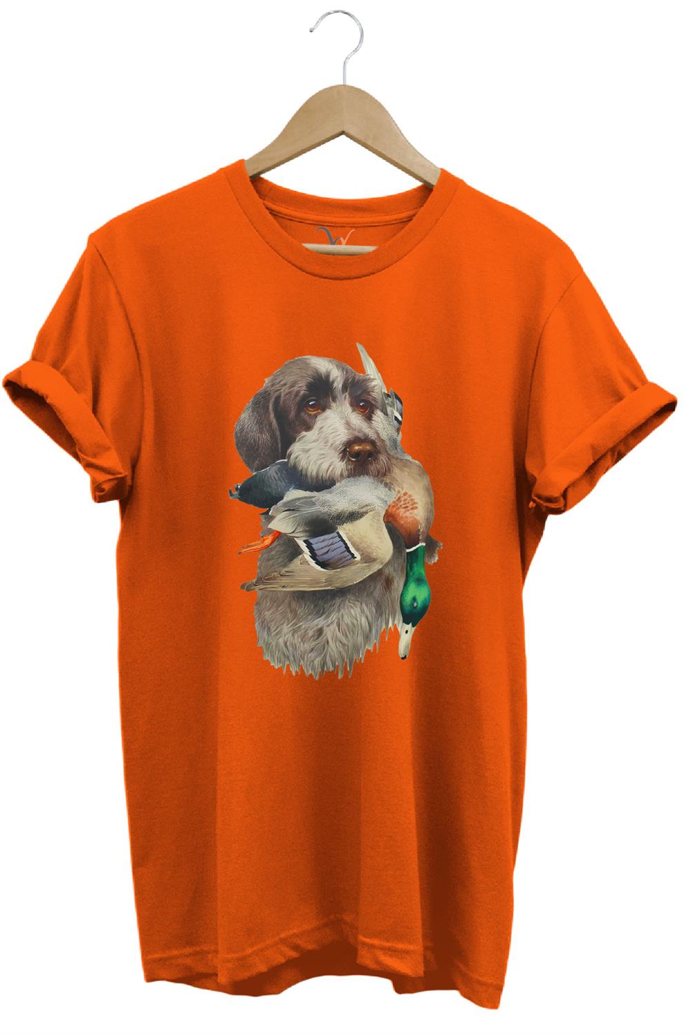 Avcılık Hunter Av Köpeği Ağzında Çulluk Kuşu Baskılı Çulluk Avı Regular Fit %100 Pamuk T-Shirt - Turuncu