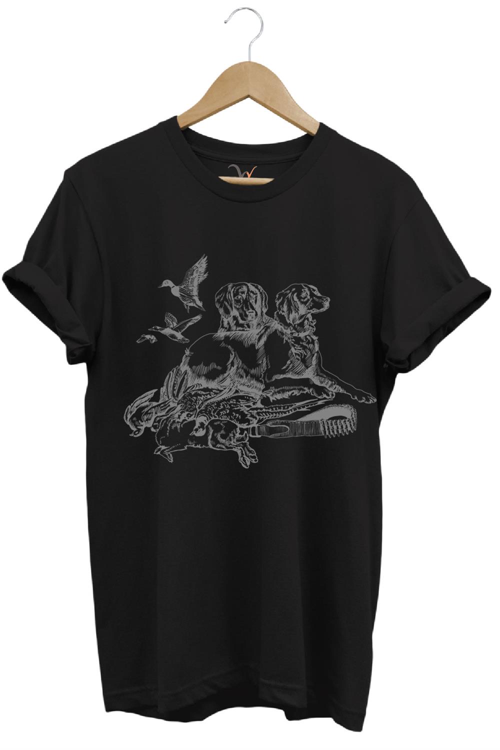Avcılık Hunter Av Köpekleri Tavşan Ve Keklik Kuşu Baskılı Regular Fit %100 Pamuk T-Shirt - Siyah