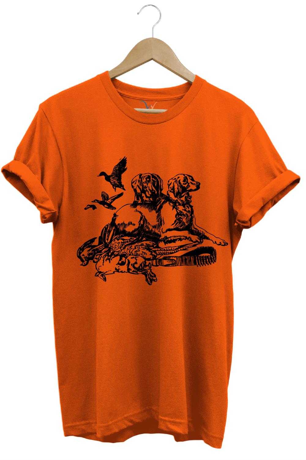Avcılık Hunter Av Köpekleri Tavşan Ve Keklik Kuşu Baskılı Regular Fit %100 Pamuk T-Shirt - Turuncu