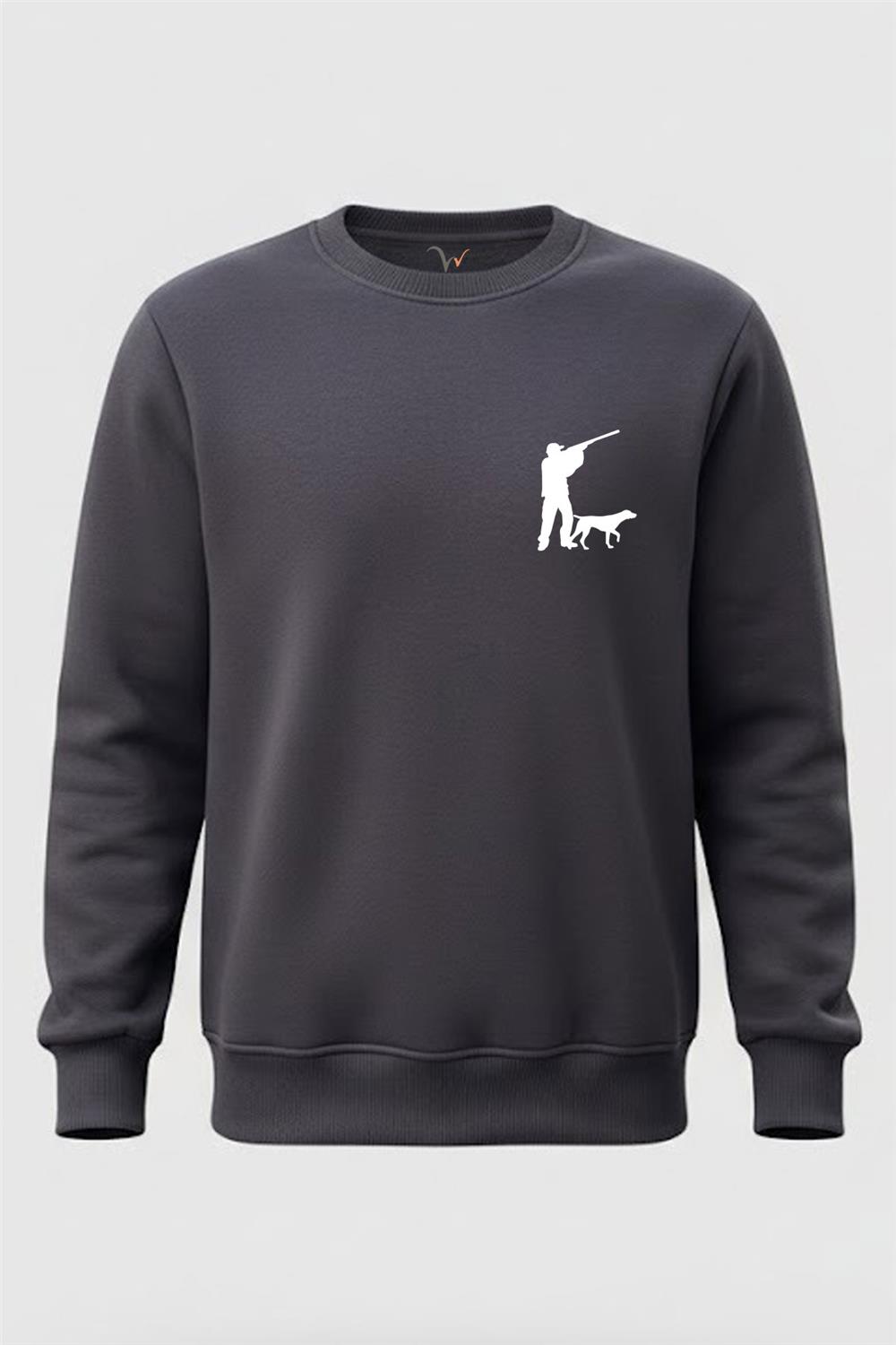 Avcılık Hunter Avcı Ve Av Köpeği Tasarım Baskılı 3 İp Şardonlu %100 Pamuk Sweatshirt - Füme