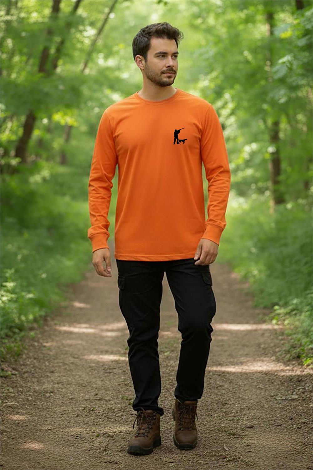 Avcılık Hunter Avcı Ve Av Köpeği Tasarım Baskılı Turuncu Bisiklet Yaka Uzun Kollu T-Shirt - Turuncu