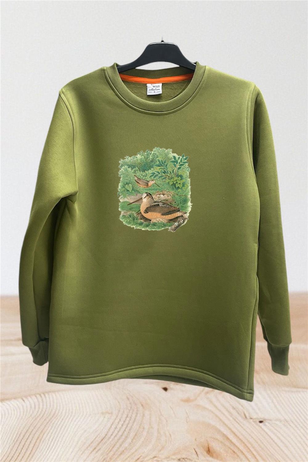 Avcılık Hunter Çulluk Kuşu Baskılı Vahşi Yaşam %100 Pamuk Bisiklet Yaka Sweatshirt - Haki