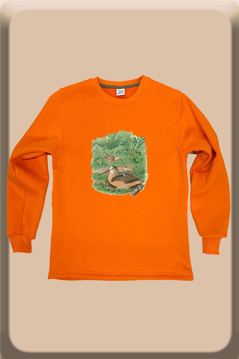 Avcılık Hunter Çulluk Kuşu Baskılı Vahşi Yaşam %100 Pamuk Bisiklet Yaka Sweatshirt - Turuncu