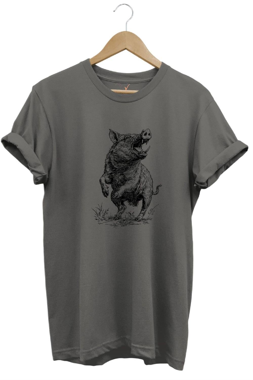 Avcılık Hunter Domuz Avcılığı Baskılı %100 Pamuk Regular Fit Unisex T-Shirt - Antrasit