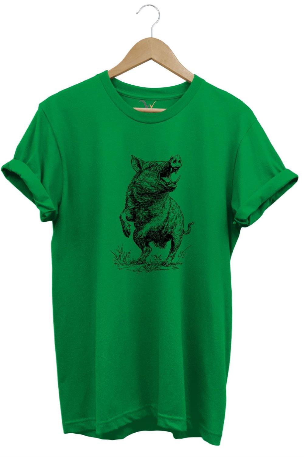Avcılık Hunter Domuz Avcılığı Baskılı %100 Pamuk Regular Fit Unisex T-Shirt - Yeşil