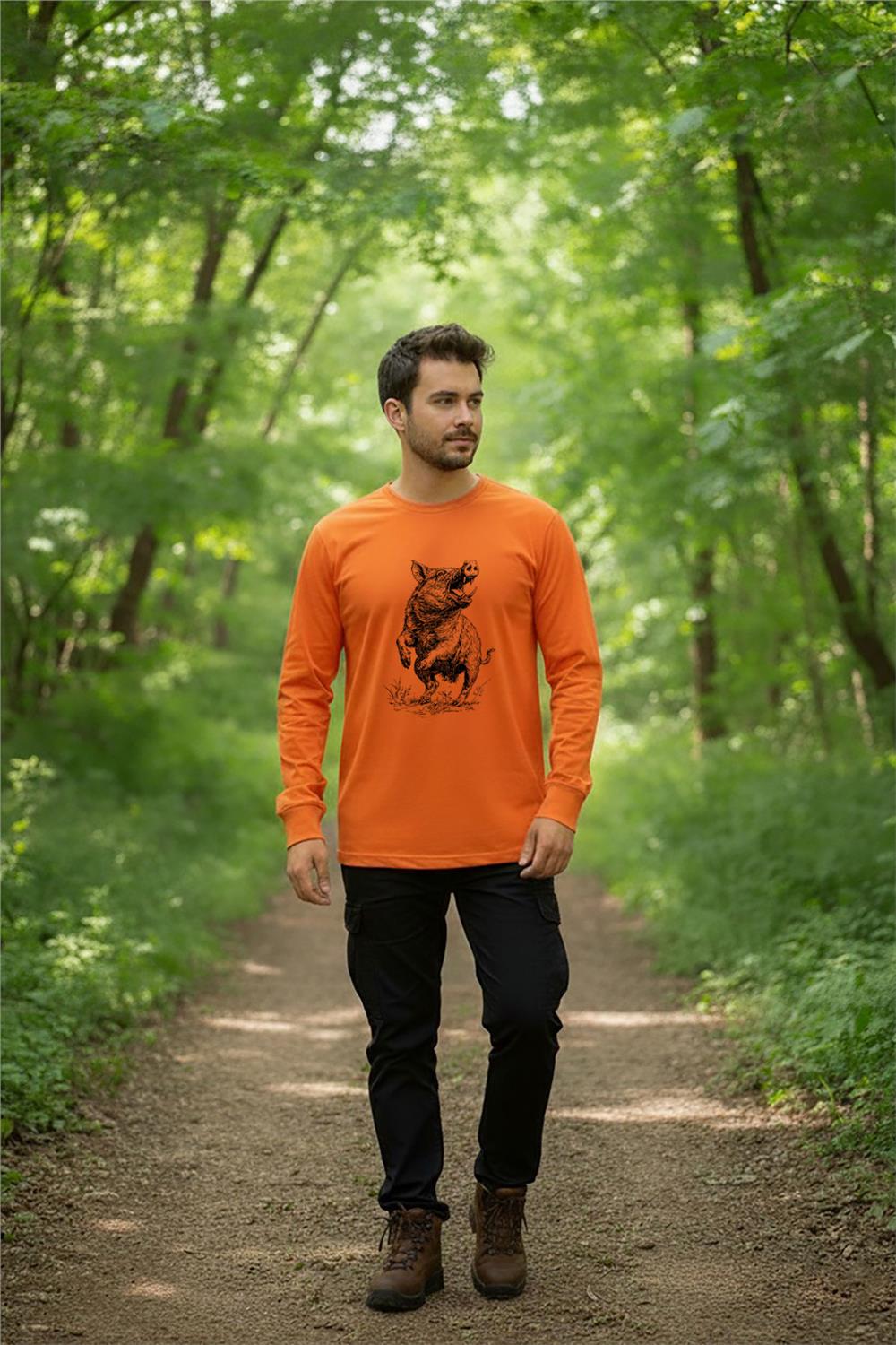 Avcılık Hunter Domuz Avcılığı Baskılı Regular Fit Turuncu Bisiklet Yaka Uzun Kollu T-Shirt - Turuncu