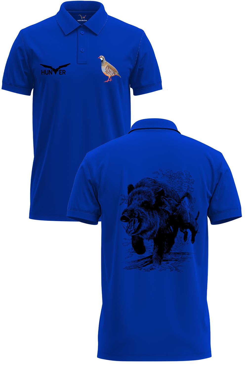 Avcılık Hunter Domuz Avcılığı Tasarımlı %100 Pamuk Regular Fit Polo Yaka T-Shirt - Mavi