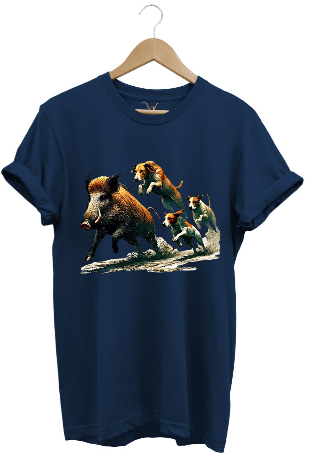 Avcılık Hunter Domuz Avı Ve Av Köpekleri Baskılı Regular Fit %100 Pamuk T-Shirt - Lacivert