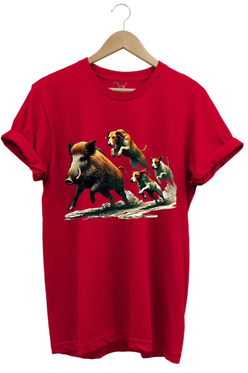 Avcılık Hunter Domuz Avı Ve Av Köpekleri Baskılı Regular Fit %100 Pamuk T-Shirt - Kırmızı