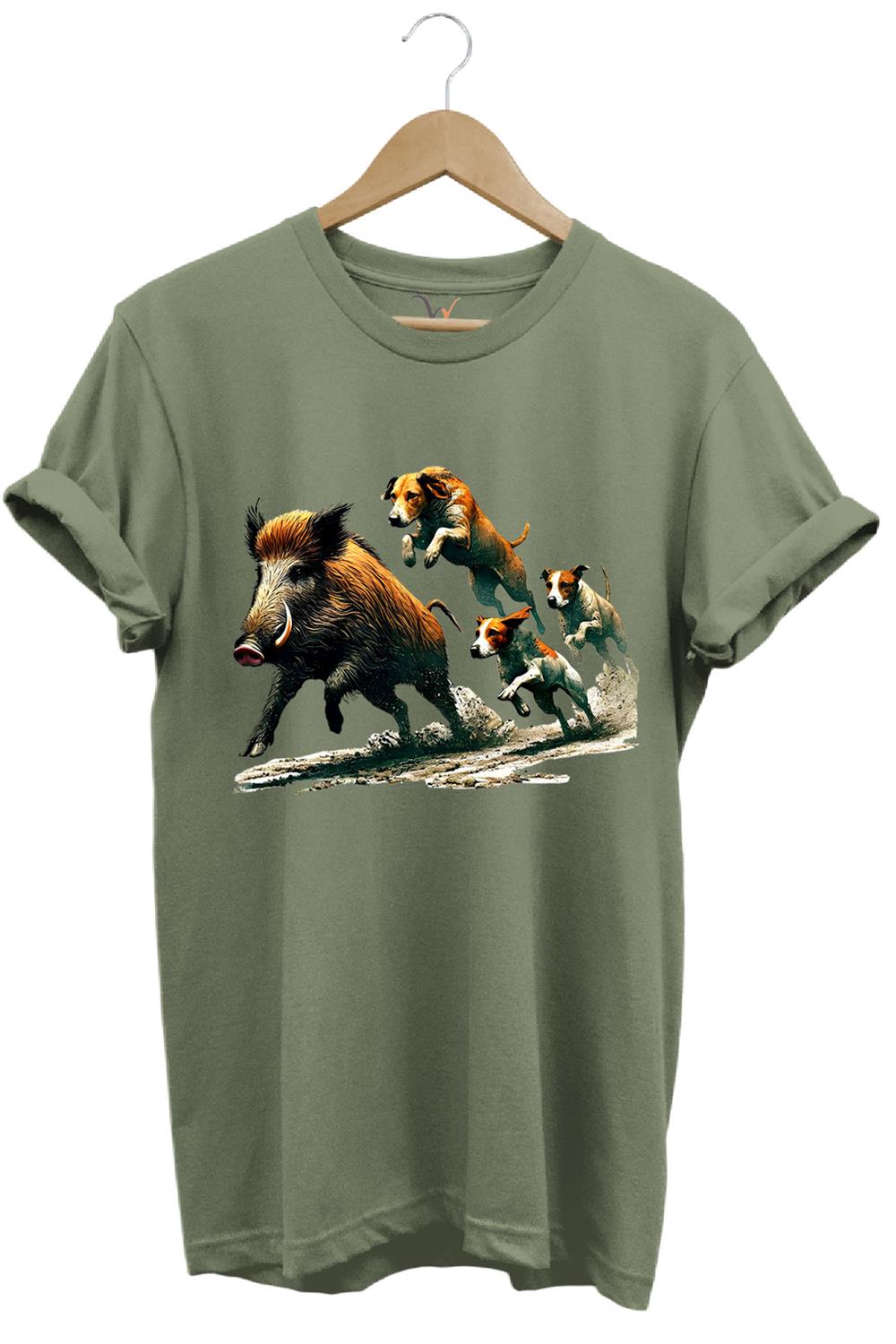 Avcılık Hunter Domuz Avı Ve Av Köpekleri Baskılı Regular Fit %100 Pamuk T-Shirt - Haki