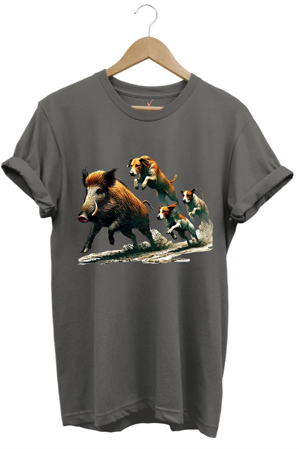 Avcılık Hunter Domuz Avı Ve Av Köpekleri Baskılı Regular Fit %100 Pamuk T-Shirt - Antrasit