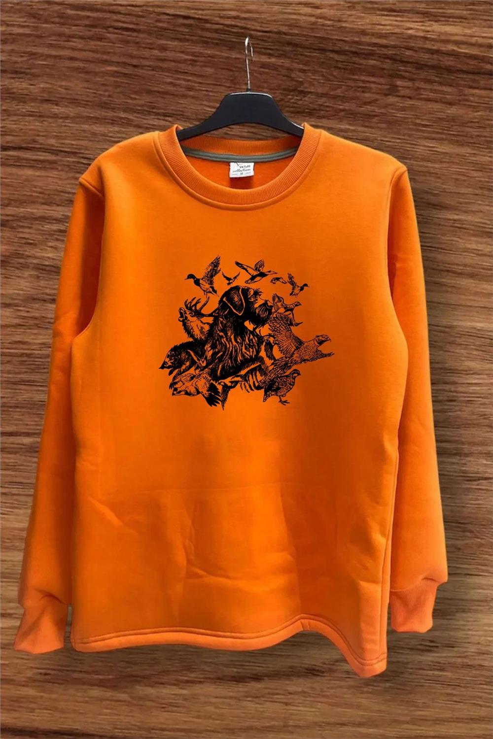 Avcılık Hunter Drahthaar Av Köpeği Ve Keklik Ördek Çulluk Baskılı Regular Fit %100 Pamuk Sweatshirt - Turuncu