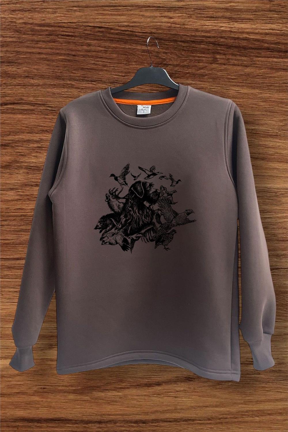 Avcılık Hunter Drahthaar Av Köpeği Ve Keklik Ördek Çulluk Baskılı Regular Fit %100 Pamuk Sweatshirt - Kahverengi