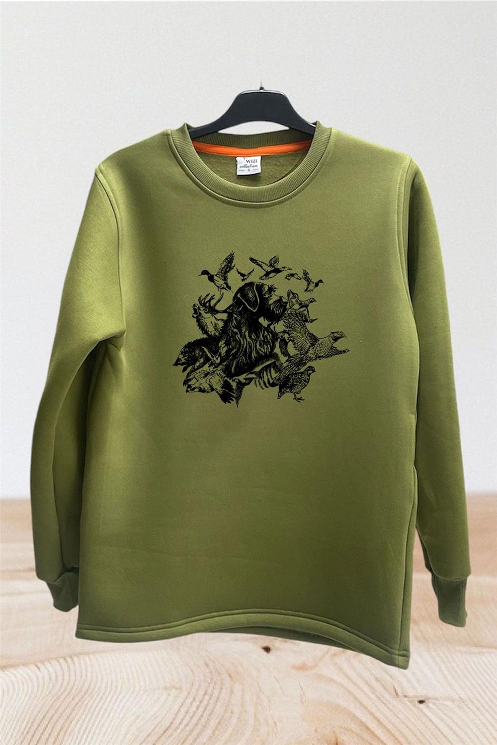 Avcılık Hunter Drahthaar Av Köpeği Ve Keklik Ördek Çulluk Baskılı Regular Fit %100 Pamuk Sweatshirt - Haki