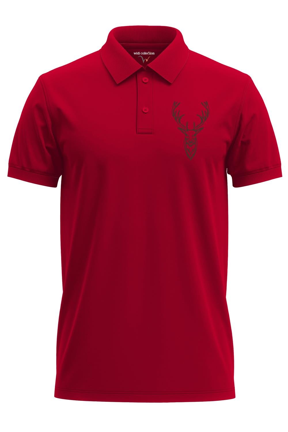 Avcılık Hunter Geyik Avcılığı Tasarım Baskılı %100 Pamuk Regular Fit Polo Yaka T-Shirt - Kırmızı