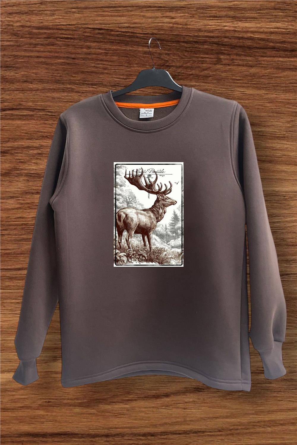 Avcılık Hunter Geyik Avı Poster Baskılı Pamuklu Regular Fit Bisiklet Yaka Sweatshirt - Kahverengi