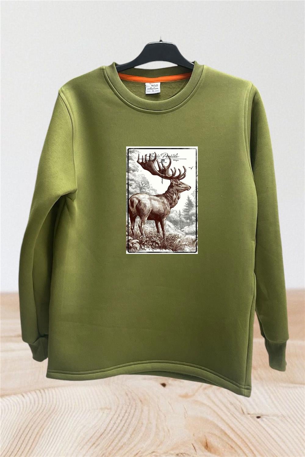 Avcılık Hunter Geyik Avı Poster Baskılı Pamuklu Regular Fit Bisiklet Yaka Sweatshirt - Haki