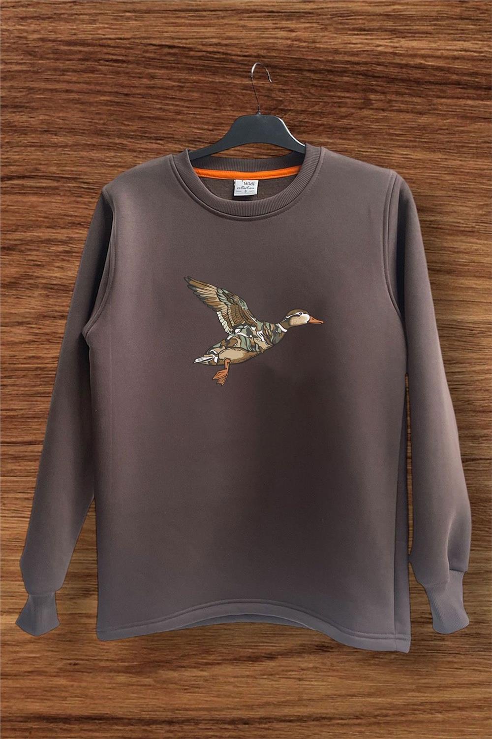Avcılık Hunter Kamuflaj Desen Ördek Baskılı Regular Fit %100 Pamuk Bisiklet Yaka Sweatshirt - Kahverengi