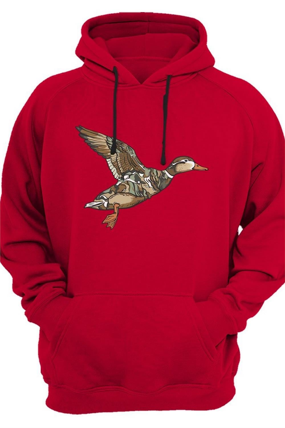 Avcılık Hunter Kamuflaj Desen Ördek Baskılı 3 Iplik Kalın Şardonlu Kanguru Cepli Sweatshirt - Kırmızı