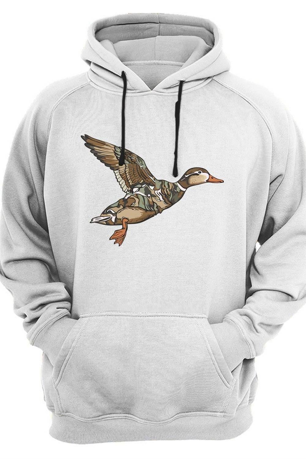 Avcılık Hunter Kamuflaj Desen Ördek Baskılı 3 Iplik Kalın Şardonlu Kanguru Cepli Sweatshirt - Beyaz
