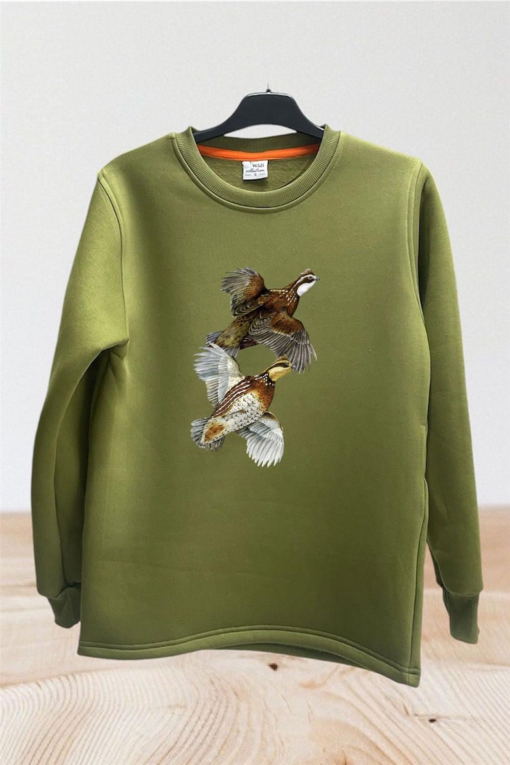 Avcılık Hunter Keklik Kuşları Baskılı Regular Fit %100 Pamuk Sweatshirt - Haki