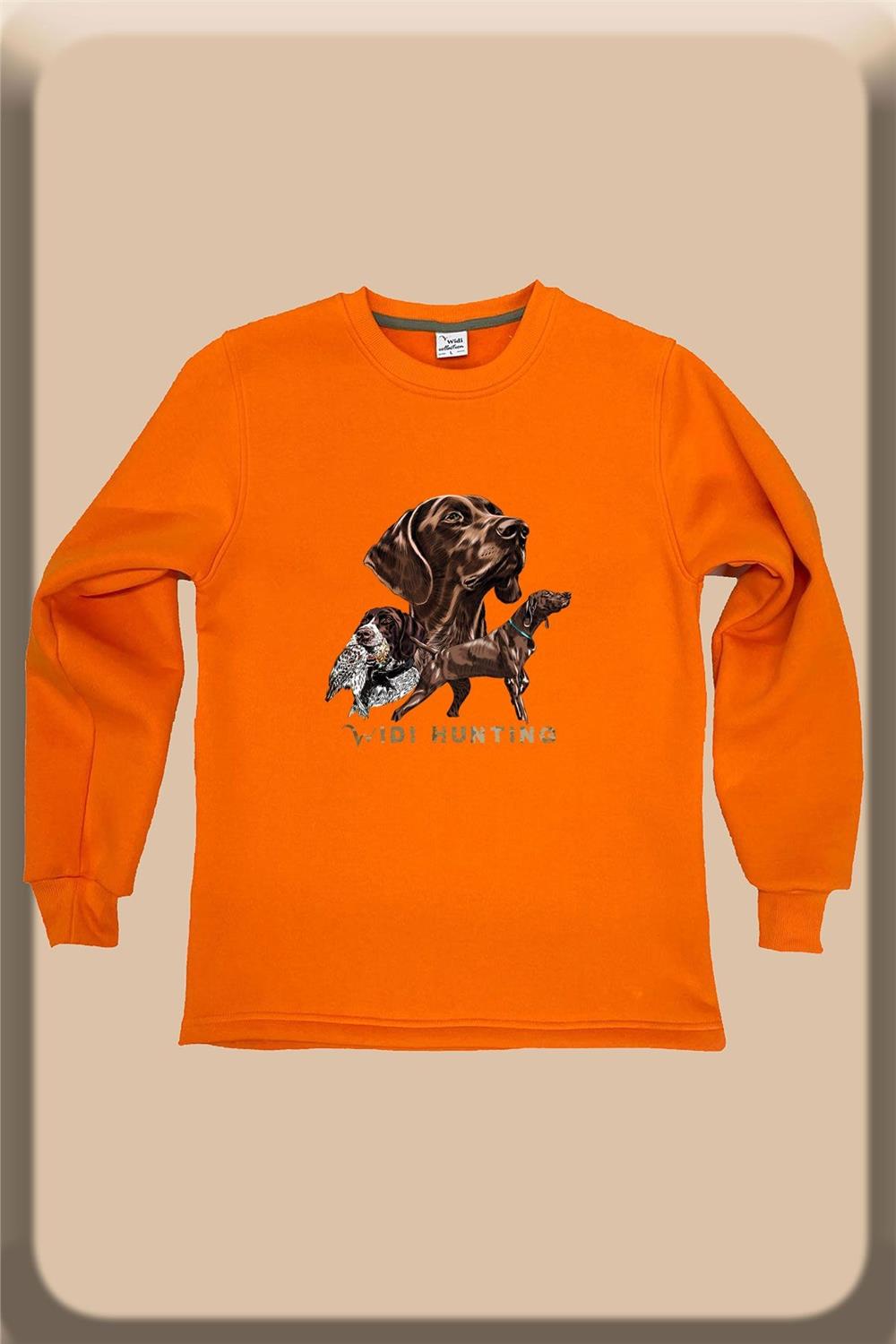Avcılık Hunter Kurzhaar Av Köpeği Ve Çulluk Baskılı Regular Fit %100 Pamuk Bisiklet Yaka Sweatshirt - Turuncu