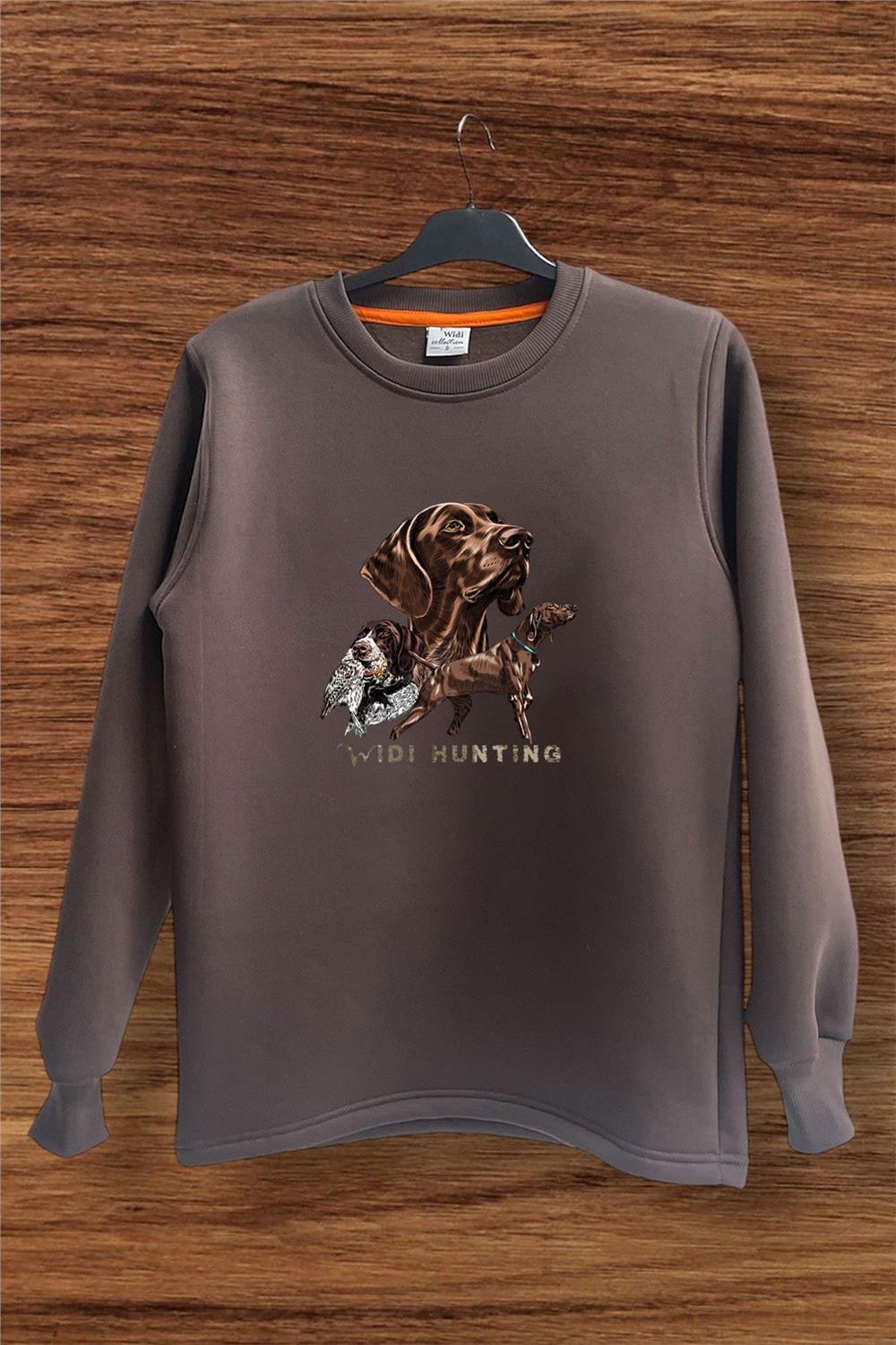 Avcılık Hunter Kurzhaar Av Köpeği Ve Çulluk Baskılı Regular Fit %100 Pamuk Bisiklet Yaka Sweatshirt - Kahverengi